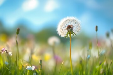 Closeup of a dandelion seed head in a field of wildflowers with a blue sky and sun