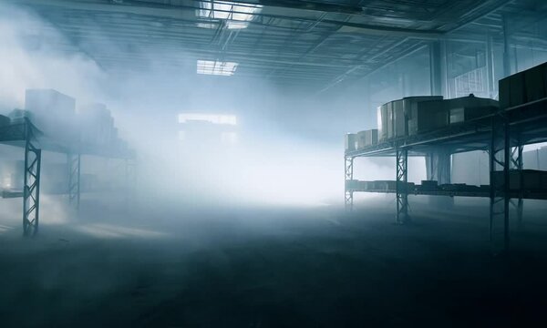 A spacious empty warehouse with fog pouring in from the ceiling