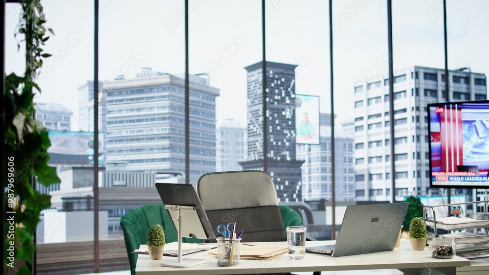 Poster empty global corporation office in a luxurious urban city center, modern workspace equipped with pro