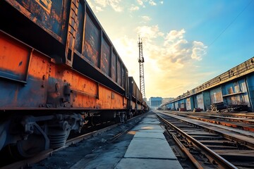 Obraz premium Freight train parked on railroad tracks in industrial setting with blue sky and sun