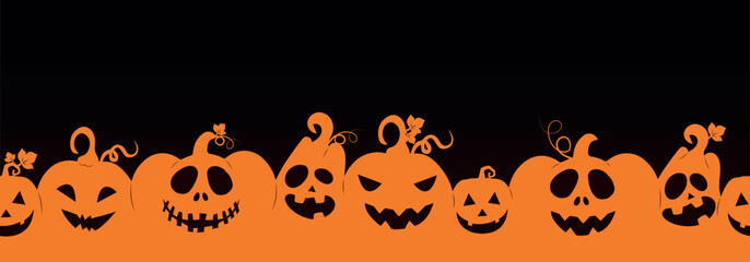 Halloween pumpkins seamless banner. Spooky lantern silhouettes, scary Halloween flat vector background illustration. Endless Halloween party poster for a festive Halloween holiday party
