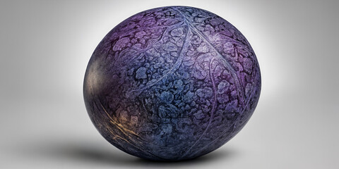 Kugelförmiger mystischer Stein mit violett-blauen Tönen und zarten, baumähnlichen Adern auf der Oberfläche, poliert und glänzend, auf einem sanften, neutralen Hintergrund