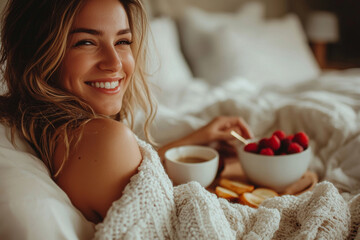 A woman enjoying cozy breakfast in bed, smiling warmly while wrapped in soft blanket. scene features bowl of fresh raspberries and cup of coffee, creating peaceful and inviting atmosphere
