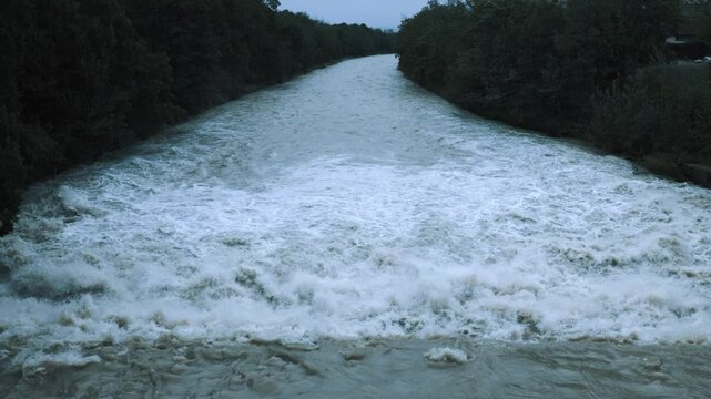 A raging river after a storm under a cloudy sky, Schwarza, Neunkirchen, Lower Austria, Austria, Europe