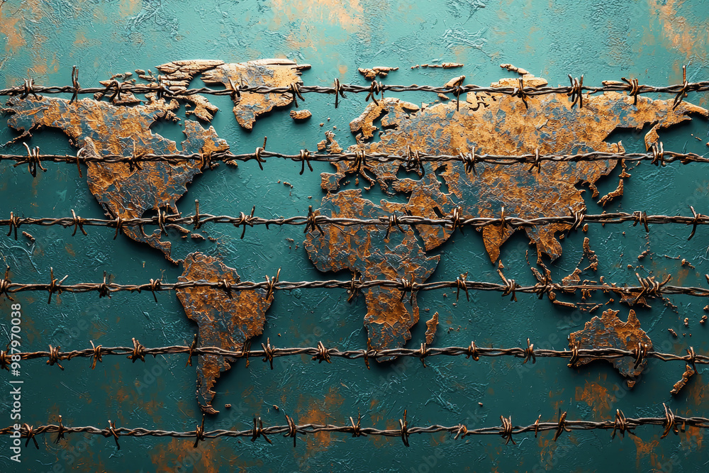 Poster a world map with fences and barriers drawn across it, symbolizing division and conflict. rusty textu