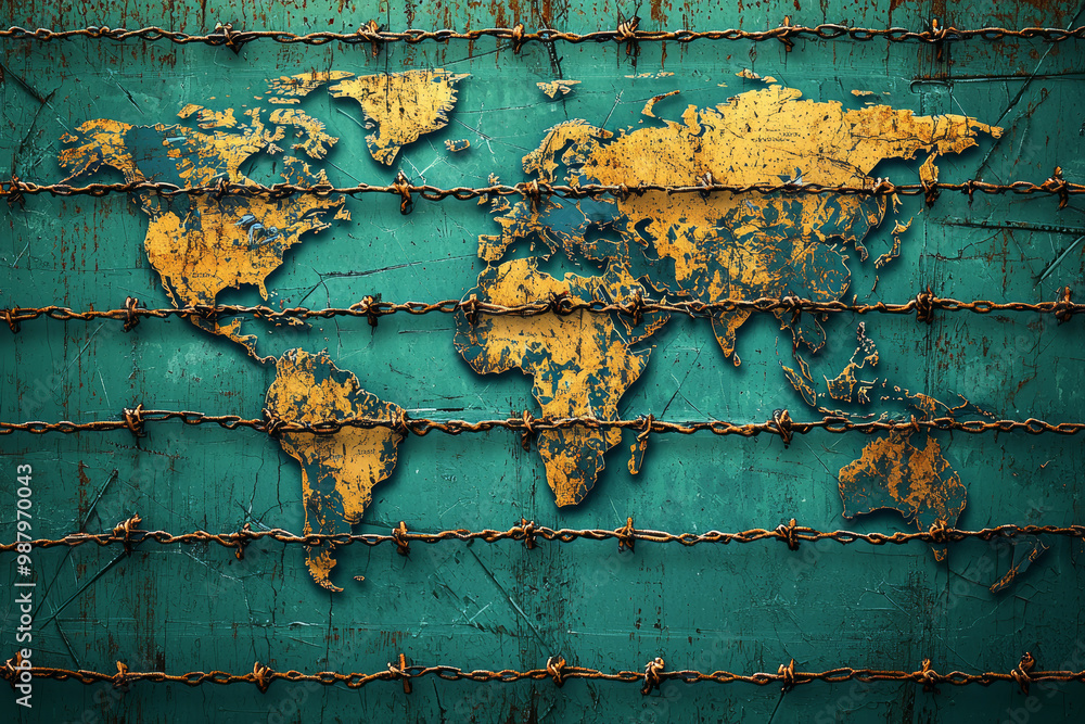 Poster a world map with fences and barriers drawn across it, symbolizing division and separation. map featu