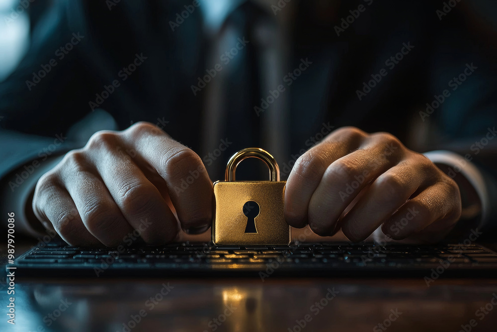 Poster secure your digital world with robust cybersecurity measures. golden padlock symbolizes protection a