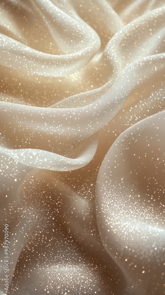 Poster ethereal close-up of delicate, translucent fabric with shimmering particles in a soft and dreamy lig