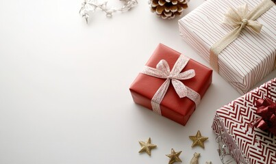 Red Gift Boxes with Ribbons and Stars on White Background