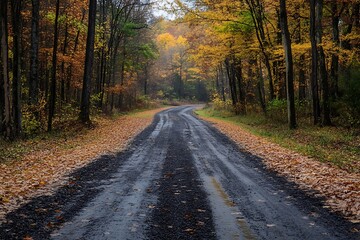 Obraz premium Paved road winding through colorful autumn forest