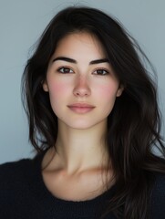 Naklejka premium Portrait of a young woman with long dark hair, wearing a black sweater against a grey background.