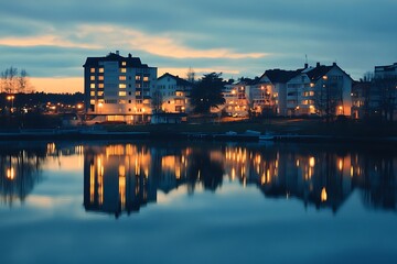 Fototapeta premium Peaceful Lakeside Town at Dusk with Glowing Windows