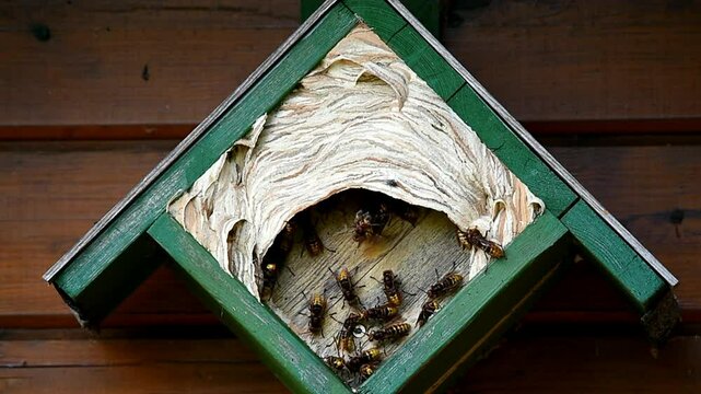 Hornets (vespa crabro) have their nest in the tit box