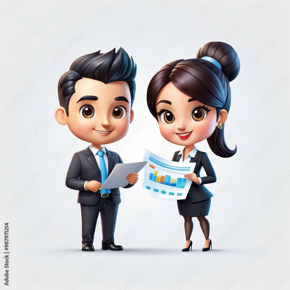 Poster two cartoon characters in business attire discussing a report with charts.