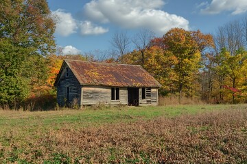 Obraz premium Abandoned wooden cabin in a field with autumn trees