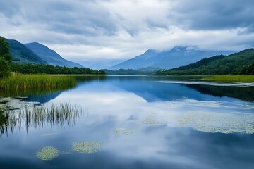 Fototapeta premium Tranquil Mountain Lake Landscape with Calm Water, Blue Sky and Clouds