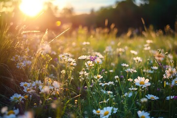 Fototapeta premium Golden hour sunset with white daisies and grass in field