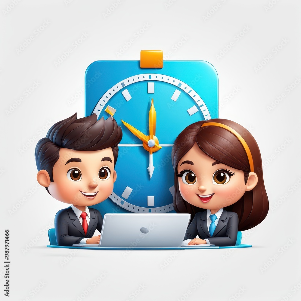 Poster two cartoon characters in business attire working on a laptop with a clock in the background.
