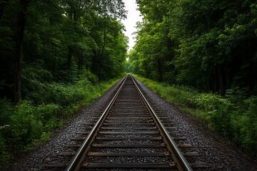 Straight Railroad Tracks Disappearing Into A Lush Green Forest