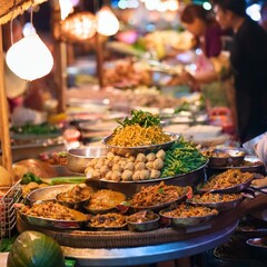 Street food Market in Thailand, food displayed for tourists