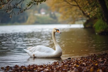 Fototapeta premium Elegant White Swan Swimming in Tranquil Autumn Lake
