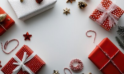 Obraz premium Red Gift Boxes with Ribbons and Stars on White Background