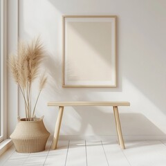 Minimalistic interior features a wooden bench and a vase with pampas grass beside a framed artwork.