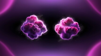 Abstract digital artwork illustration featuring two vibrant fluffy clouds formations set against a dark purple, pink background