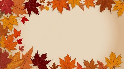 Abstract illustration background of a border autumn leaves arranged around the edges, creating a frame with a blank, yellow center