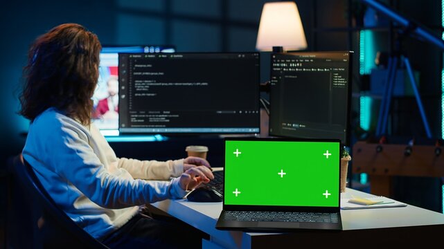 Admin using green screen laptop to implement security measures, protecting company systems and data. IT worker testing and debugging code for software applications on chroma key notebook, camera A