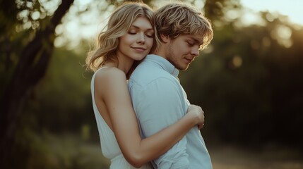 Fototapeta premium Blonde woman in a white dress embracing a blond man in a light blue shirt during a romantic moment outdoors at sunset