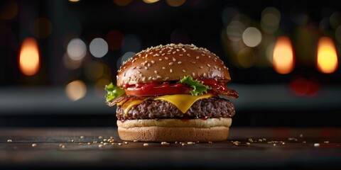 Classic Burger featuring a Quarter Pound Beef Patty served on a Seeded Bun, topped with Melted Cheese and Fresh Ingredients.