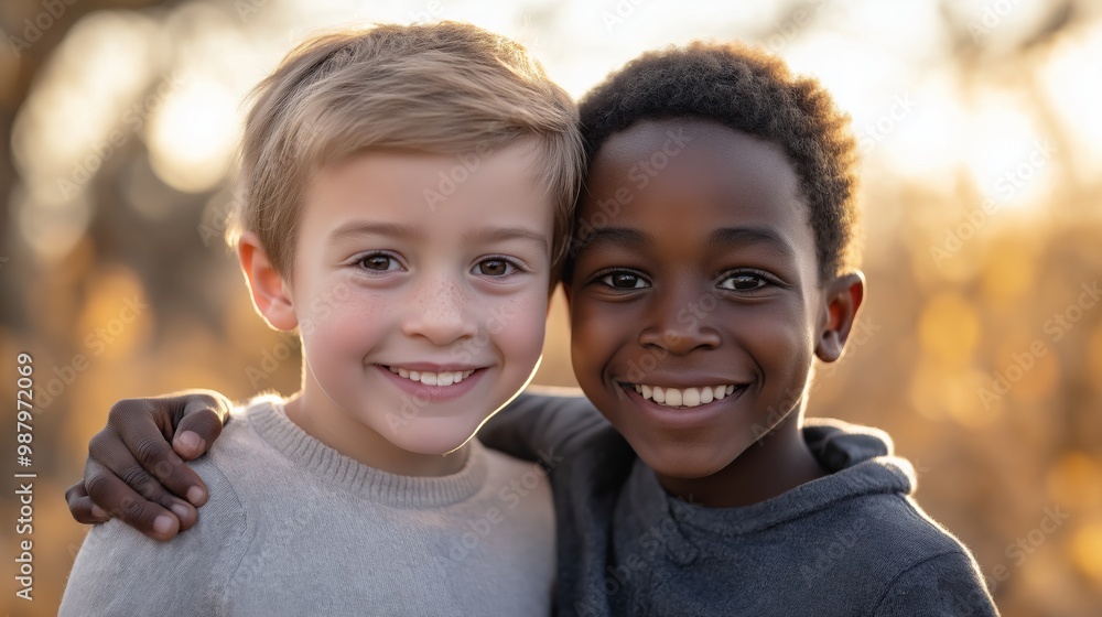 Wall mural Portrait of two happy young boys, one Caucasian and one African American, smiling and hugging outdoors on a sunny day