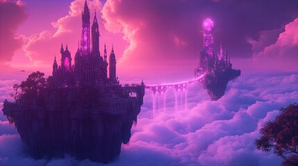 Naklejka premium A fantastical, dreamlike scene featuring two elaborate castles floating in a vibrant pink and purple sky amongst clouds. The castles are connected by a glowing bridge, creating a surreal yet captivati