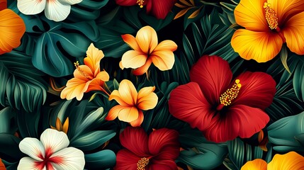 Vibrant Tropical Flowers and Lush Green Foliage Seamless Pattern