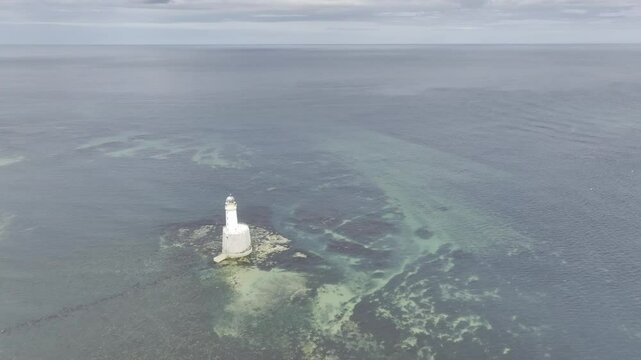 Rattray Head Lighthouse, drone shot, lighthouse with sandy beach and dunes, Peterhead, Aberdeenshire, Scotland, Great Britain