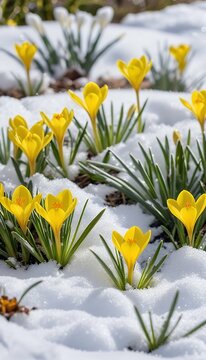 Fototapeta sparkling crocuses garden sunny grow background day snow primroses yellow beautiful panorama brilliant spring spring snow white nature green background closeup flower plant closeup winter cold
