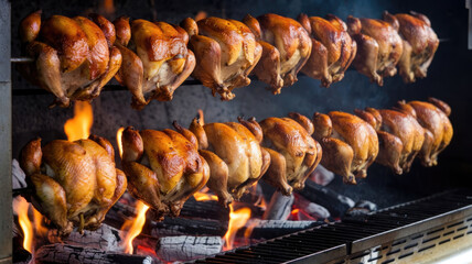 A row of roasted chickens on a grill. The fire is hot and the smoke is rising. The chickens are cooked and ready to be eaten