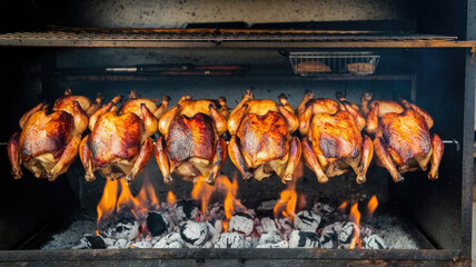 A row of roasted chickens on a grill. The fire is hot and the smoke is rising. The chickens are cooked and ready to be eaten