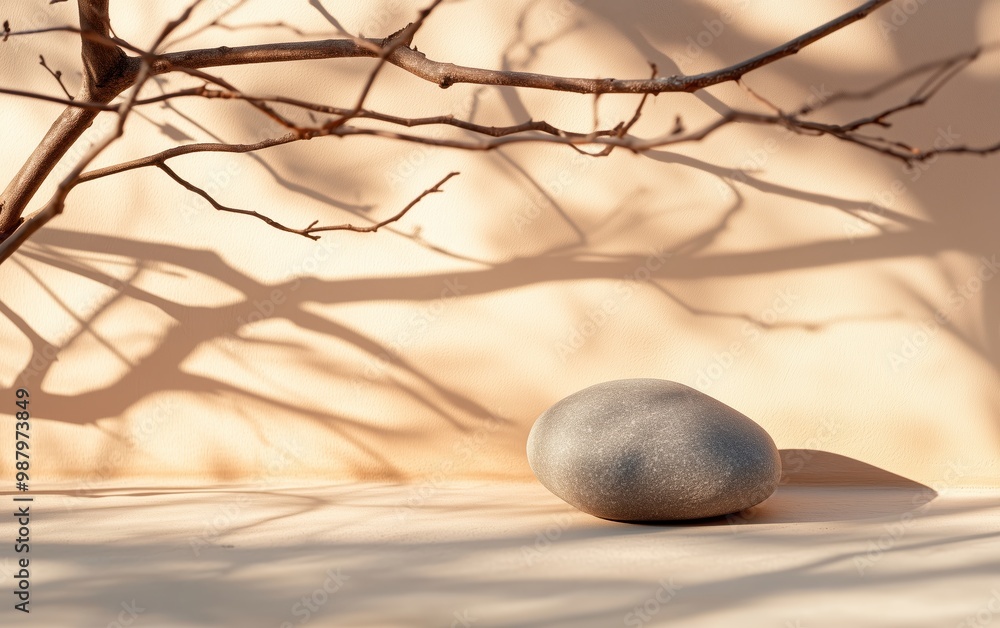 Poster smooth grey stone on a beige surface with branch shadows creating a serene and natural composition.