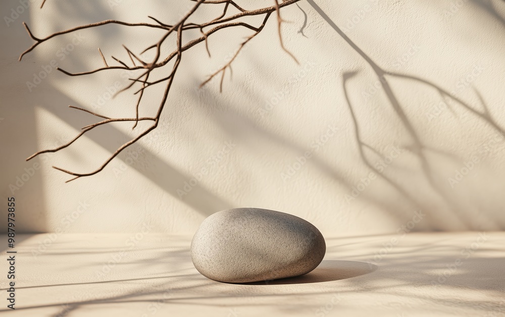 Poster smooth stone and bare branches casting shadows in a serene, minimalist setting with soft natural lig
