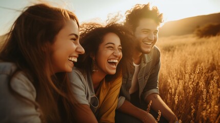 A group of friends laughing and enjoying each other's company in a sunlit field, capturing a moment of genuine happiness.