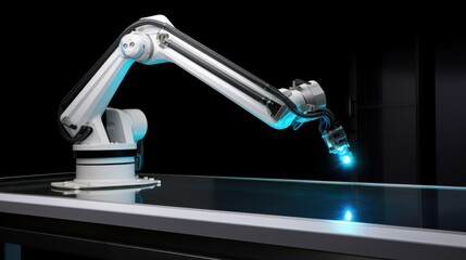 A sleek robotic arm with glowing accents extends over a dark, reflective surface, suggesting advanced technological capabilities.