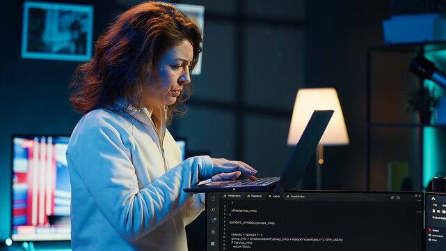 Developer doing software debugging using laptop, checking glitches in lines of code, upset about errors. Woman walking around home fixing coding issues using notebook device, camera A