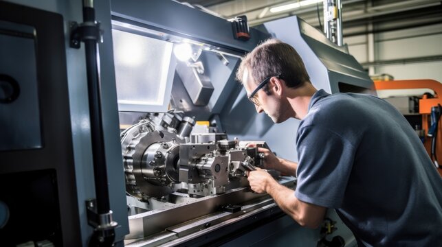 A diligent technician adjusts precise components in a high-tech machine, surrounded by tools and machinery, showcasing meticulousness and expertise.