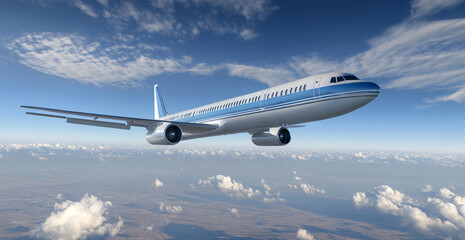 Obraz premium A blue and white airplane is flying through the sky