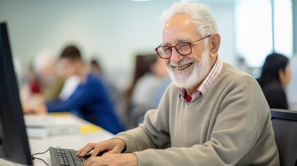An elderly individual attentively participates in a computer class, focused and smiling as they engage with technology and digital learning.