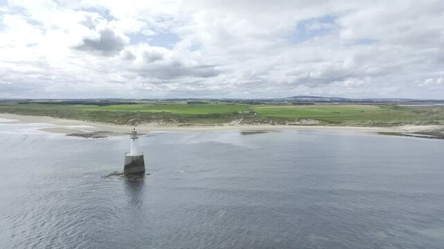 Rattray Head Lighthouse, drone shot, lighthouse with sandy beach and dunes, Peterhead, Aberdeenshire, Scotland, Great Britain