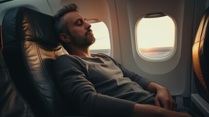 A calm man, comfortably seated, takes a nap near the windows on a plane during a flight, capturing a serene travel moment.