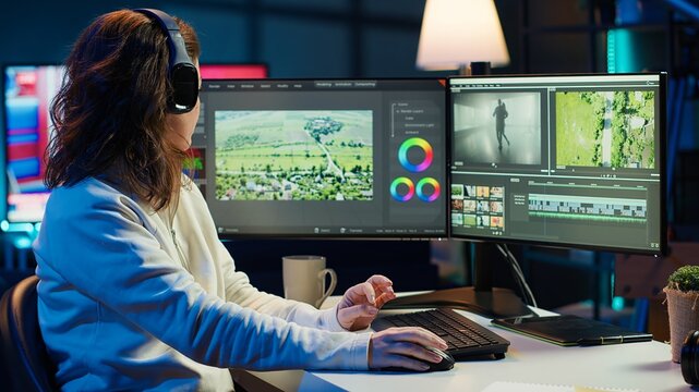 Videographer working on film montage, editing color grading and listening music. Post production studio worker manipulating raw footage, doing adjustments, wearing headphones, camera A